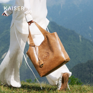 KAISER凱撒油蠟牛皮包包女款 大容量托特包單肩腋下包真皮手提女包