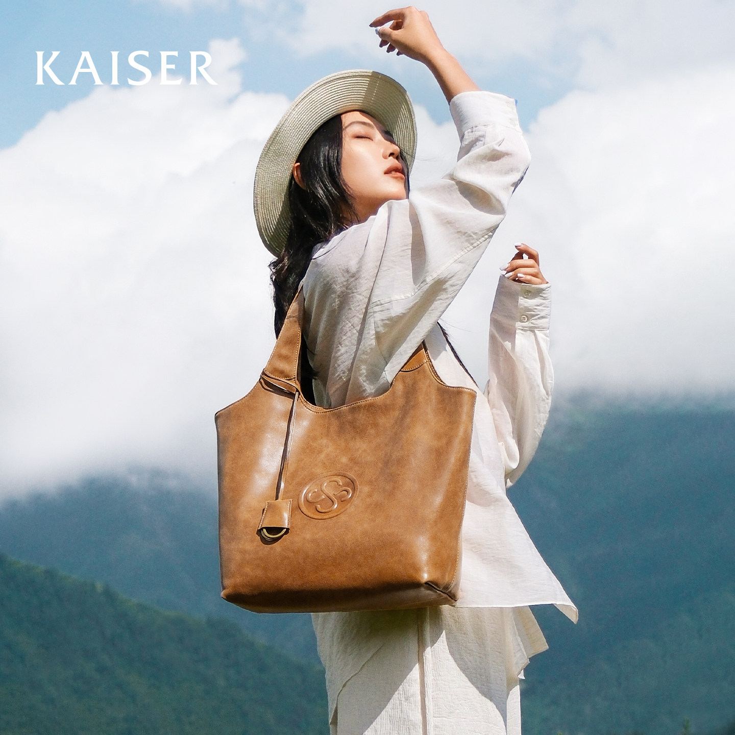 KAISER凯撒油蜡牛皮包包女新款大容量托特包腋下包真皮手提包女包