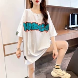 Белая длинная футболка с коротким рукавом, коллекция 2022, в корейском стиле, средней длины