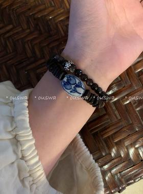 ouswa原创【耀】天然黑曜石925纯银大拉杆沉香纯手绘手工手链手串