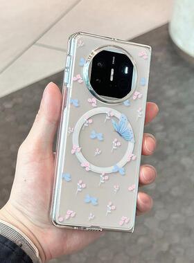 原装正品日本潮牌碎花蝴蝶透明磁吸充电适用华为MateX5手机壳透明X3典藏版折叠屏全包防摔硅胶软边超薄黑色简