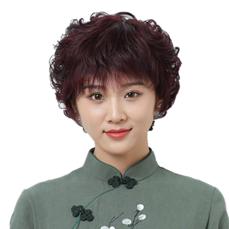 真发假发女短发妈妈短卷发发型真人发丝自然中老年全头套式假头发