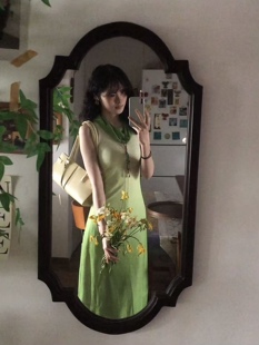 气质长裙 修身 芷汀「青茵」绿色渐变印花针织弹力修身 连衣裙无袖