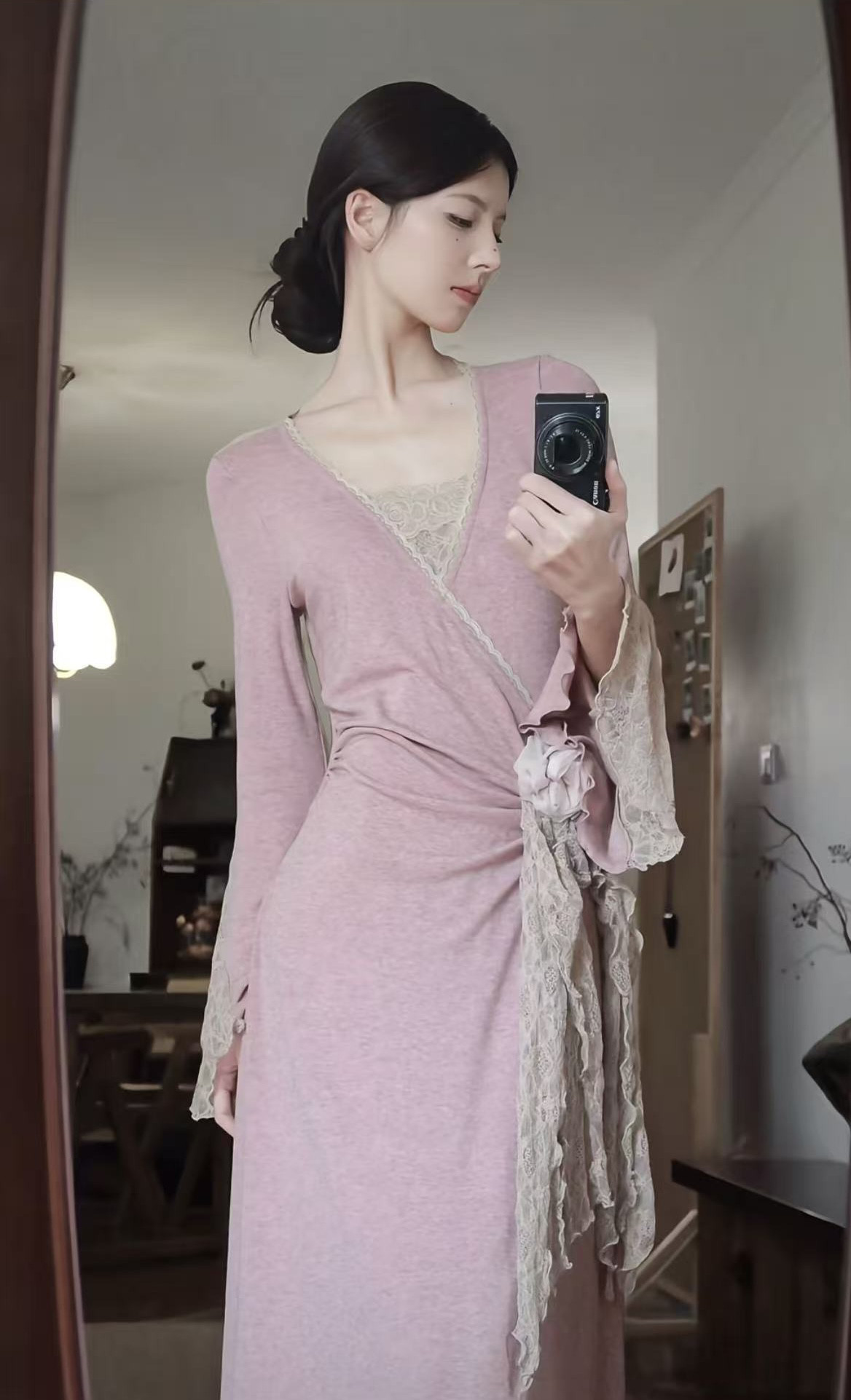 芷汀「淡香」新中式拼接粉色假两件针织长裙国风花朵喇叭袖连衣裙,女装/女士精品,礼服/晚装,淘宝优惠券,粉丝福利购,淘宝优惠卷