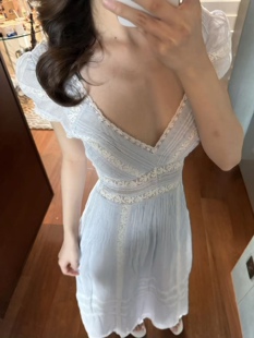 芷汀「浪漫物语」重工蕾丝拼接收腰连衣裙 日系甜美法式棉质长裙