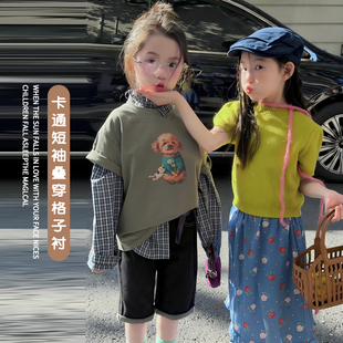 女童卡通短袖叠穿格子衬春款2026新款儿童女宝可爱风好看上衣外穿
