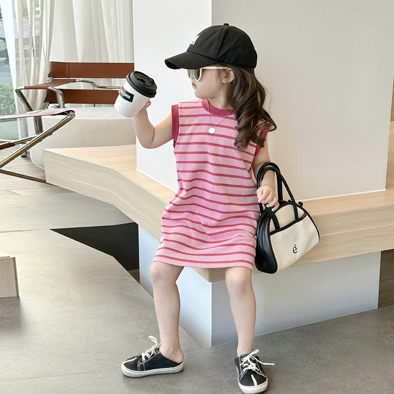 女童无袖条纹长款T恤韩版夏季2025新款儿童纯棉连衣裙子粉色夏天