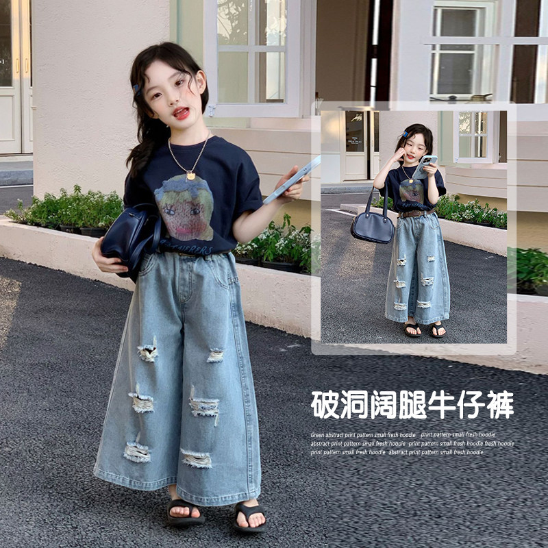 女童超好看韩系穿搭夏季薄款2026新款儿童短袖t恤破洞阔腿牛仔裤