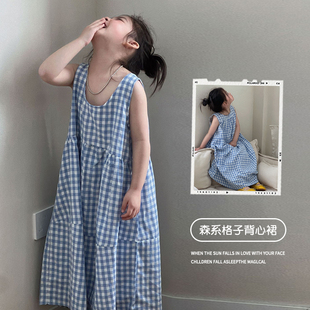 女童中大童蓝色格子无袖连衣裙纯棉夏季薄款2026新款洋气儿童裙子