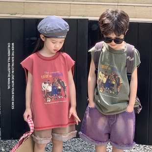 女童卡通印花无袖T恤春夏款2026新款儿童兄妹装可爱休闲上衣外穿