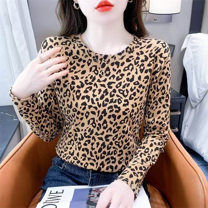 2025春秋新款洋气豹纹印花长袖T恤女修身百搭圆领打底衫上衣,女装/女士精品,T恤,淘宝优惠券,粉丝福利购,淘宝优惠卷