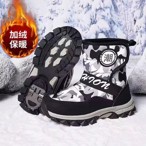 品牌男童雪地靴冰爪防滑冬季防水加绒加厚儿童棉鞋户外大棉靴大童