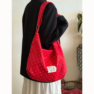 韩系简约波点帆布包2026新款大容量单肩斜挎包小众通勤托特包