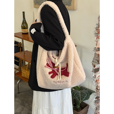 秋冬可爱毛绒蝴蝶结刺绣单肩包女韩系大容量通勤羊羔毛托特包