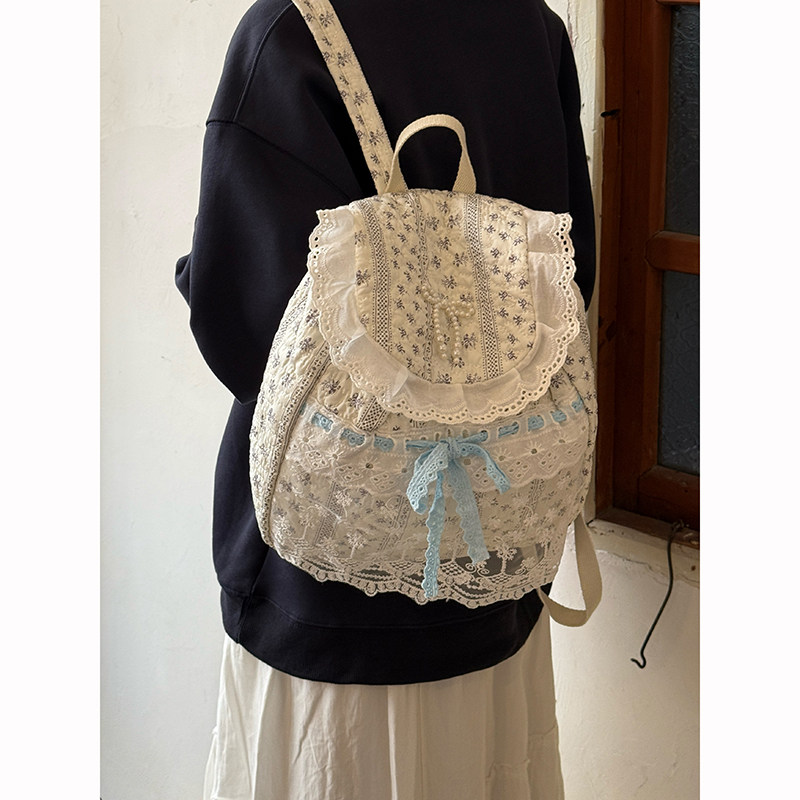 韩系蕾丝碎花双肩包女2025新款大容量通勤蝴蝶结背包小众百搭书包,箱包皮具/热销女包/男包,通用款女包,淘宝优惠券,粉丝福利购,淘宝优惠卷