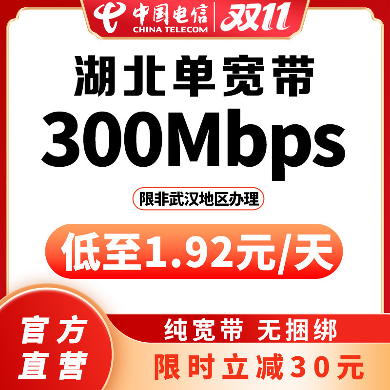 【限时立减30元】湖北省非武汉电信300M-500M新装宽带办理包年