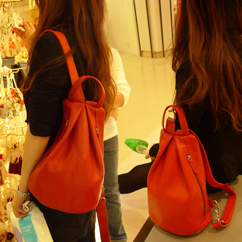 真皮软皮双肩包休闲女背包中国红