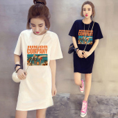 大码 宽松中长款 上衣连衣裙子韩版 妈妈装 孕妇印花圆领短袖 t恤女潮