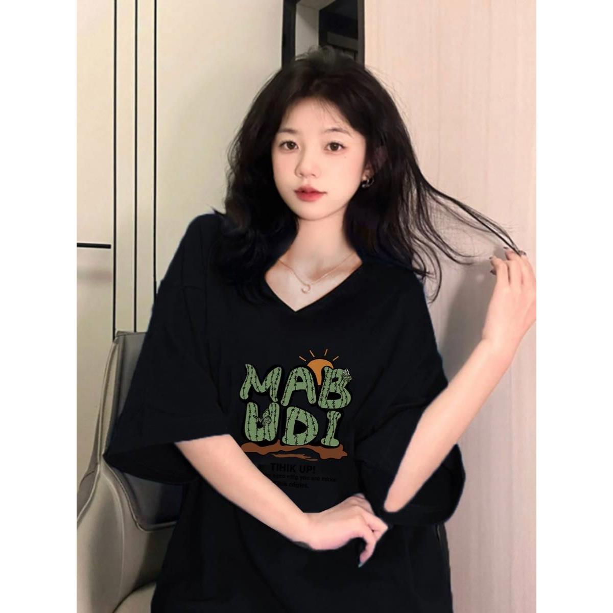 仿棉V领短袖t恤女2024新款夏季