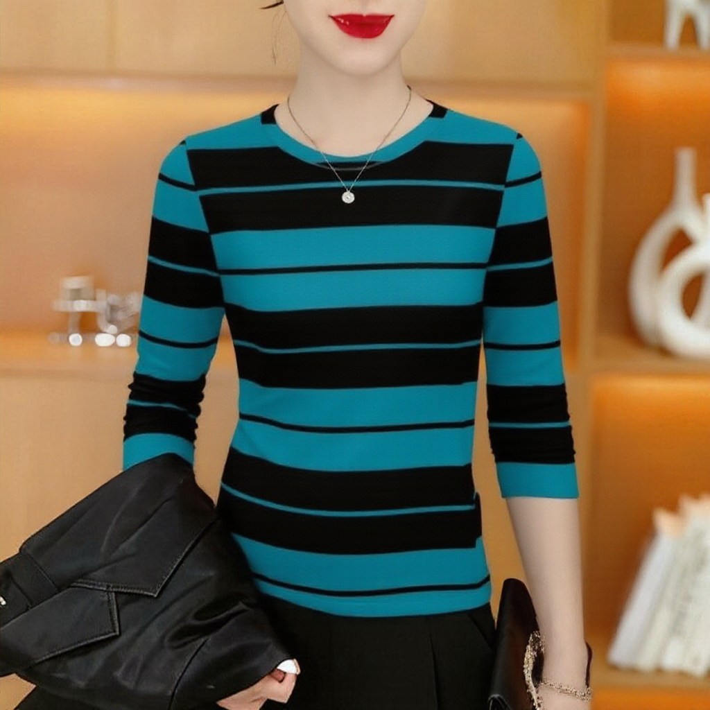 早春条纹显瘦减龄妈妈打底衫