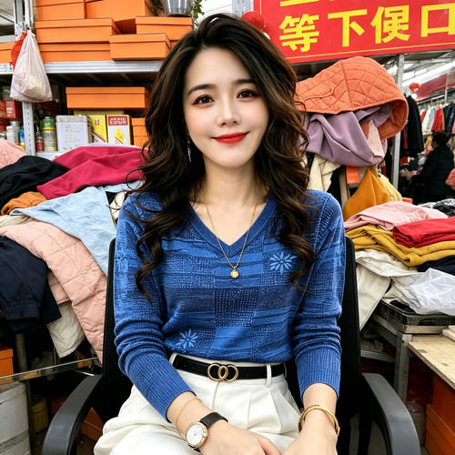 清仓捡漏蓝色V领网纱长袖T恤女中老年妈妈装洋气百搭显瘦气质上衣
