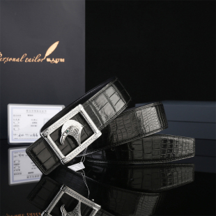 歆月银钻框无钻皮带扣头S925纯银腰带扣商务轻奢真皮鳄鱼皮裤 腰带