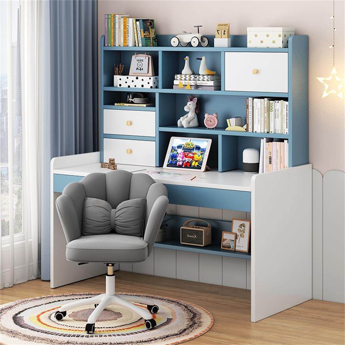 家用学生学习桌带抽书桌书架组合一体桌椅套装简约卧室小孩写字桌