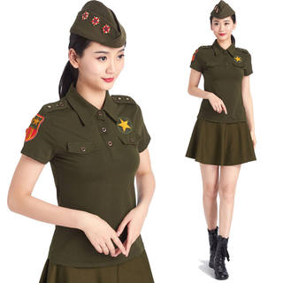 水兵舞蹈服装2021夏季新款短袖翻领T恤女 军绿色广场舞演出服上衣