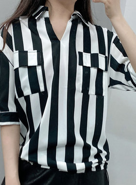 酷伽条纹短袖衬衫女韩版宽松夏季新款简约五分袖衬衣C707