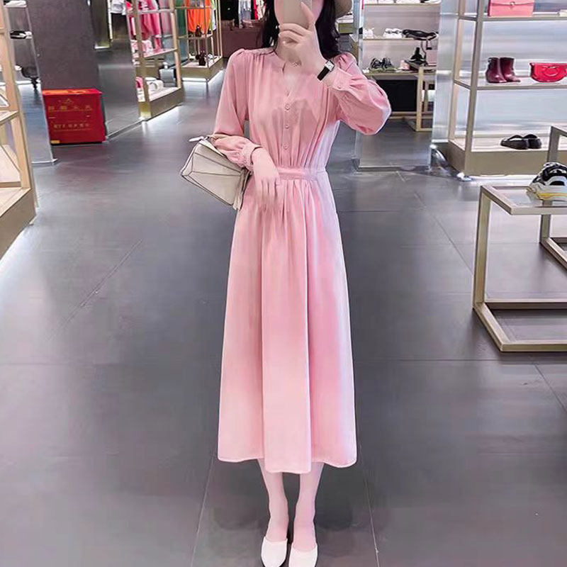 粉色清新少女 春秋收腰长袖连衣裙1330LYQ