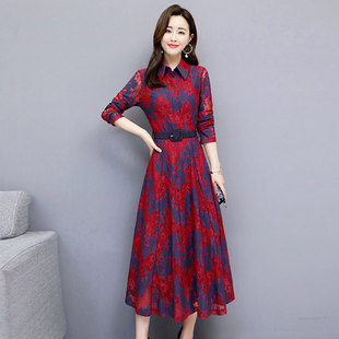 连衣裙1907SERQ 中腰显瘦花色蕾丝长款 不送腰带 大摆型韩版 春季