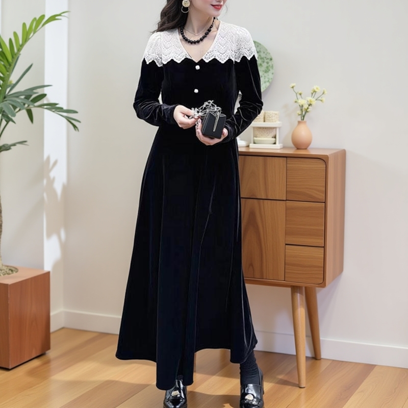 秋季长裙显瘦撞色排扣甜美