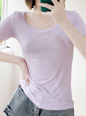 酷伽短袖t恤女ins潮夏季chic港味低圆领高腰显瘦短款上衣女1106