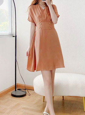 酷伽赫本风气质V领收腰连衣裙夏季新款洋气女神范裙子5178