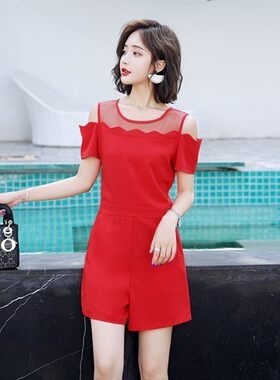 淑女风纯色连体裤夏收腰显瘦别致高级小个子连衣短裤