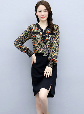 酷伽秋装新款连衣裙印花通勤套头A字裙长袖中长款黑色v领春秋7237