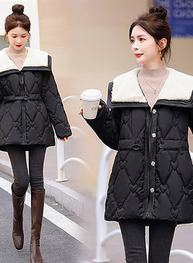 时尚气质海军领棉衣1696MF 送腰带  黑色微瑕  腰带款式颜色