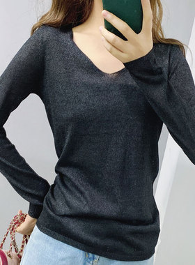 酷伽长袖T恤女秋季新款V领宽松百搭简约打底衫纯色上衣1916
