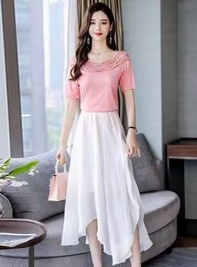 上衣烫钻+白色大裙摆纱裙夏季气质 两件套2033TZ