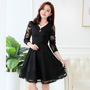 酷伽优雅赫本风长袖 轻熟蕾丝气质小黑裙891 连衣裙女秋装