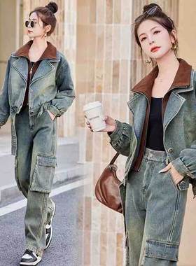 简约秋冬加棉牛仔套装 N2389TZ裤子不加棉气质牛仔两件套N2389TZ