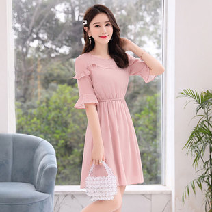 大摆中长款 赫本风优雅简约纯色修身 雪纺连衣裙1921 新品 酷伽夏装