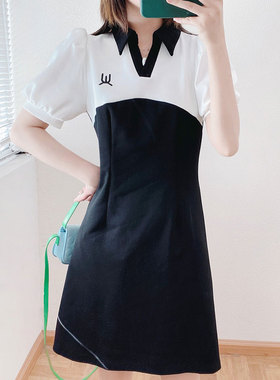 酷伽撞色拼接T恤裙女夏季新款时尚减龄泡泡袖连衣裙82255