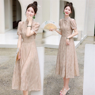 新中式 暗花布料国风盘扣暗花改良旗袍连衣裙2356LYQ