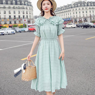喇叭袖 新款 娃娃群甜美荷叶边6802 连衣裙女装 酷伽收腰中长款