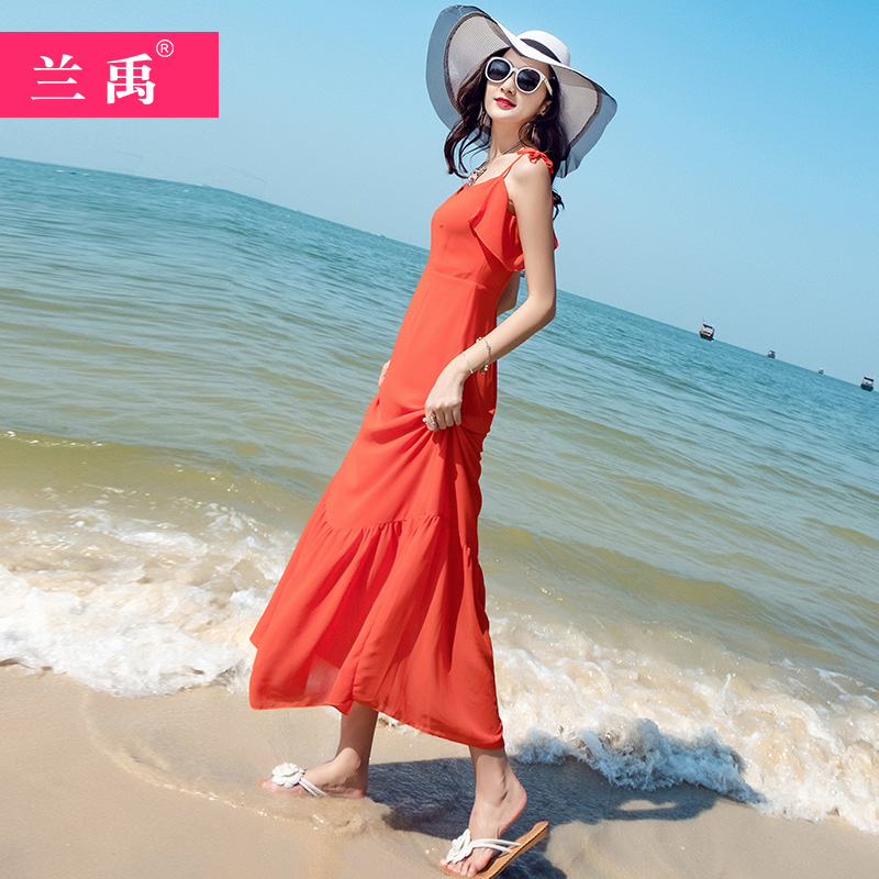 2023春夏四季海边度假沙滩女吊带雪纺连衣裙长款纯色荷叶显瘦大摆