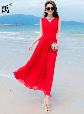 红色连衣裙女2025新款夏长款雪纺海边度假显瘦三亚拍照沙滩裙超仙
