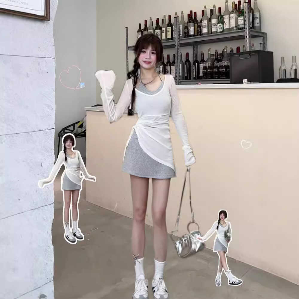 灰色无袖挂脖吊带连衣裙子女夏季时尚套装