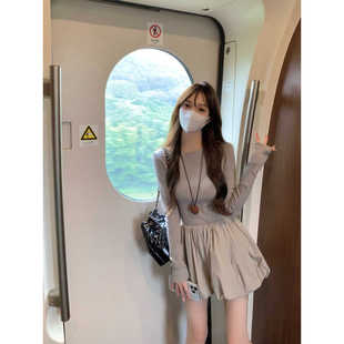 韩系温柔风针织长袖圆领灰色连衣裙女装早秋修身少女花苞A裙字