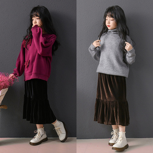 女童丝绒半身裙黑色秋冬季2026新款儿童中长款咖色鱼尾裙大童短裙